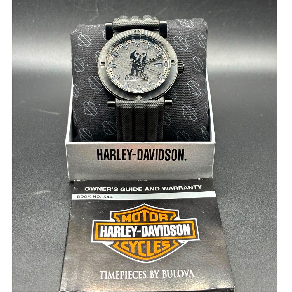 Harley-Davidson Bulova 78B131 Black #1 Racing Skull 44mm Watch Discontinued - Picture 8 of 17